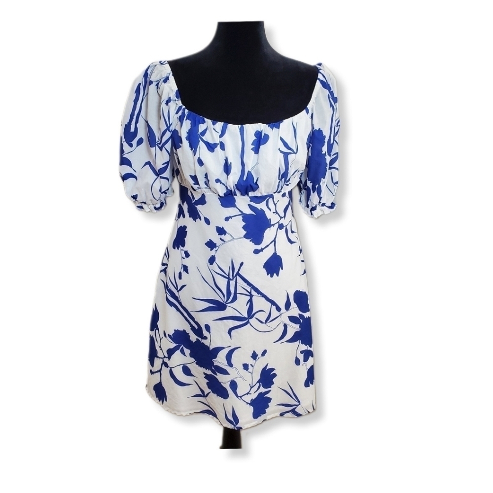 Lulus Celeste Blue & White Floral Print Puff Sleeve Mini Dress Sz M